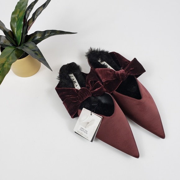 Zara Shoes - 🆕️ Zara trf Burgundy Point Toe Velvet Bow Mules